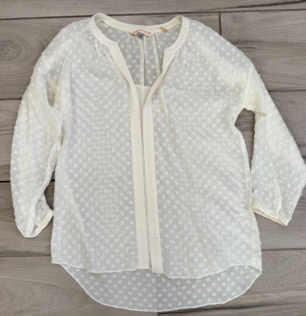 REBECCA TAYLOR SILK SHEER IVORY FABRIC DOT LONG BUTTONED SLEEVE BLOUSE SZ 2 RG